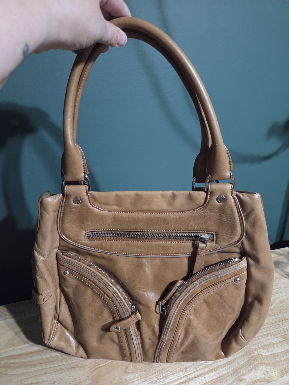 Cole Haan Village Triple Zip Tan Leather Shoulder Bag Hobo Satchel Pocketbook
